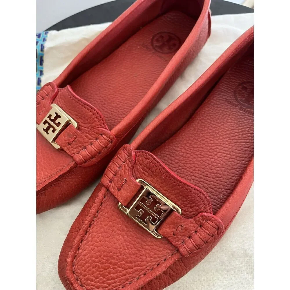 NWOB Tory Burch Kendrick Tumble Leather Orange Flats Loafers W/dustbag Women’s 8